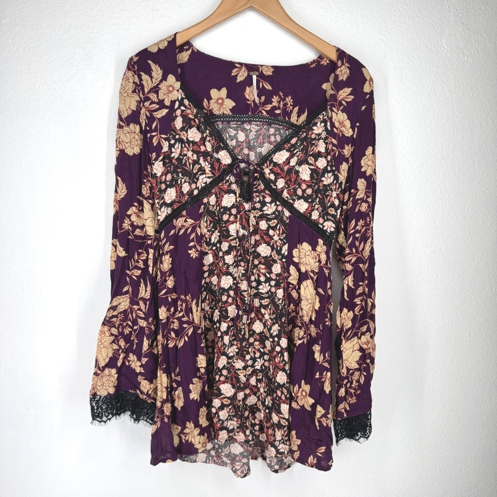 Free People Floral Babydoll Peasant‎ Tunic Dress Size Medium Purple Milkmaid Bow